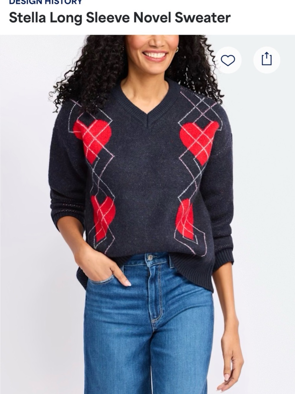 Design History Stella Long Sleeve Novel Sweater - Navy with Red Heart Argyle M